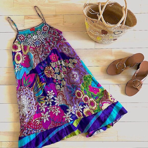 K Derhy Embroidered Floral Boho Cotton Dress - Picture 2 of 13